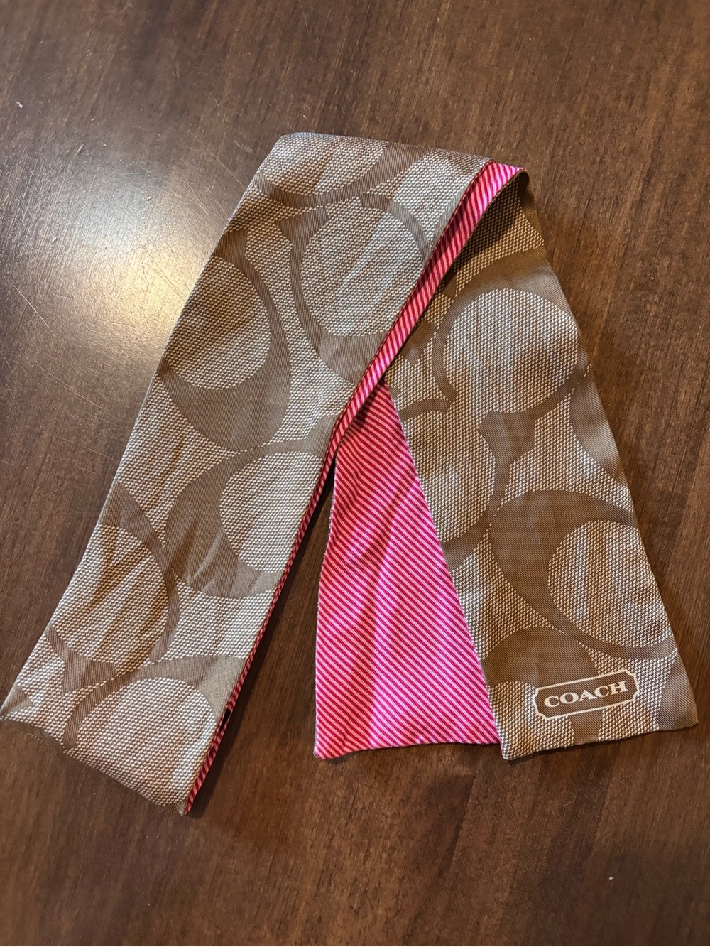 COACH Silk Brown Signature Scarf with Pink Stripe Lining
